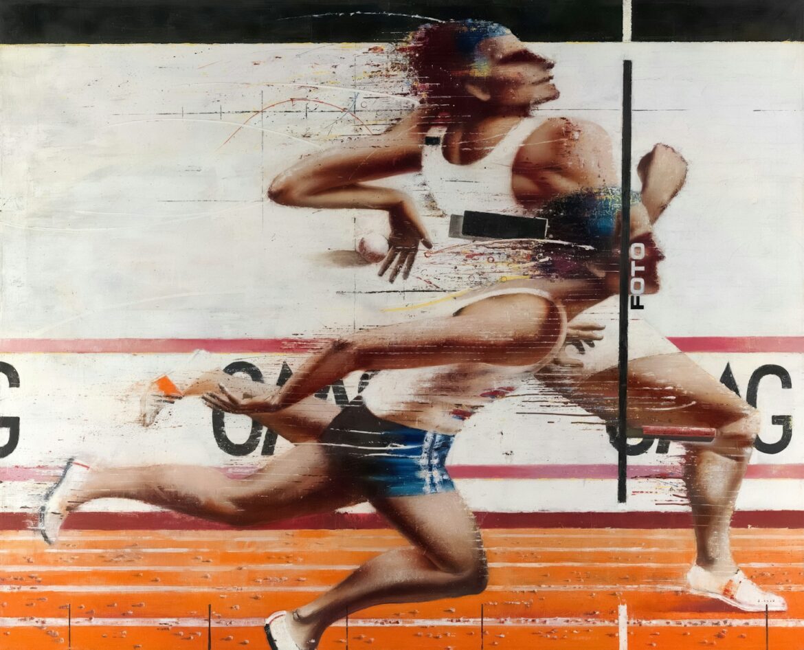 Runners race on a track with motion blur.