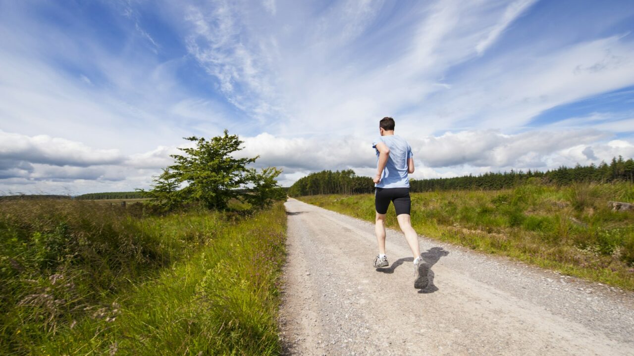 Hardlopers op een vlakke polderweg langs een dijk in het rivierenlandschap
