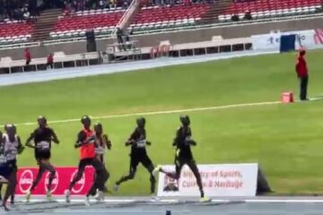 Hardlopers op de baan van het Kasarani-stadion in Nairobi