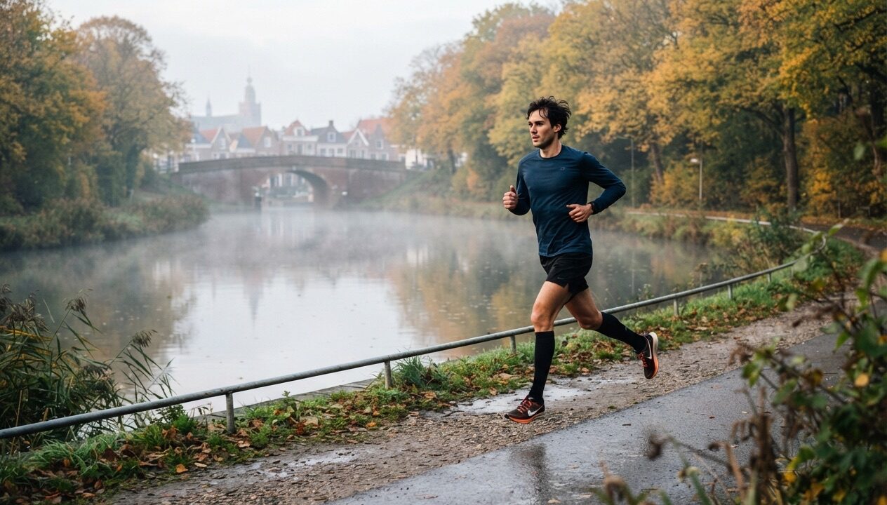 Hardloper met hoge compressiesokken tijdens een duurloop langs een kanaal