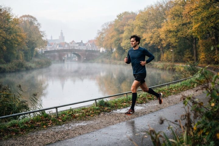 Hardloper met hoge compressiesokken tijdens een duurloop langs een kanaal