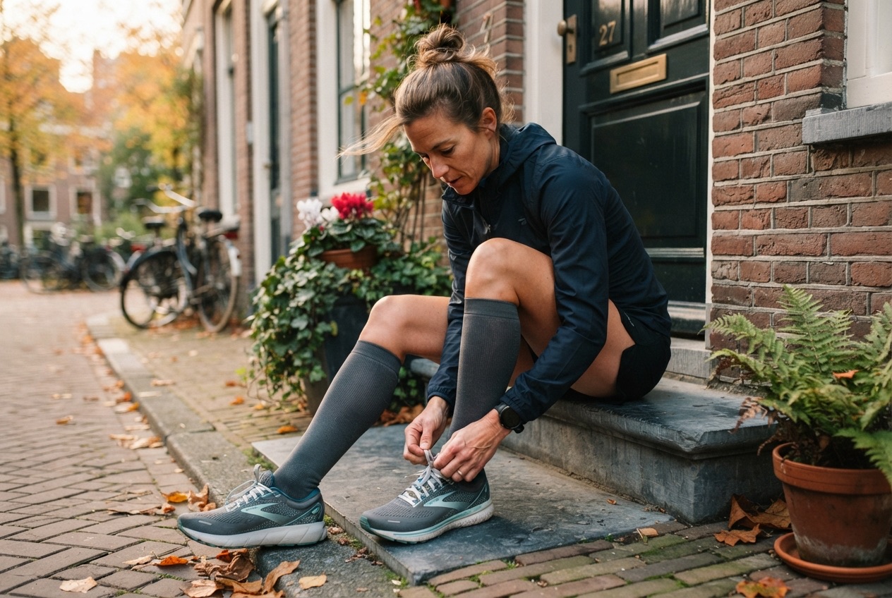Loper strikt zijn hardloopschoenen met grijze compressiesokken aan