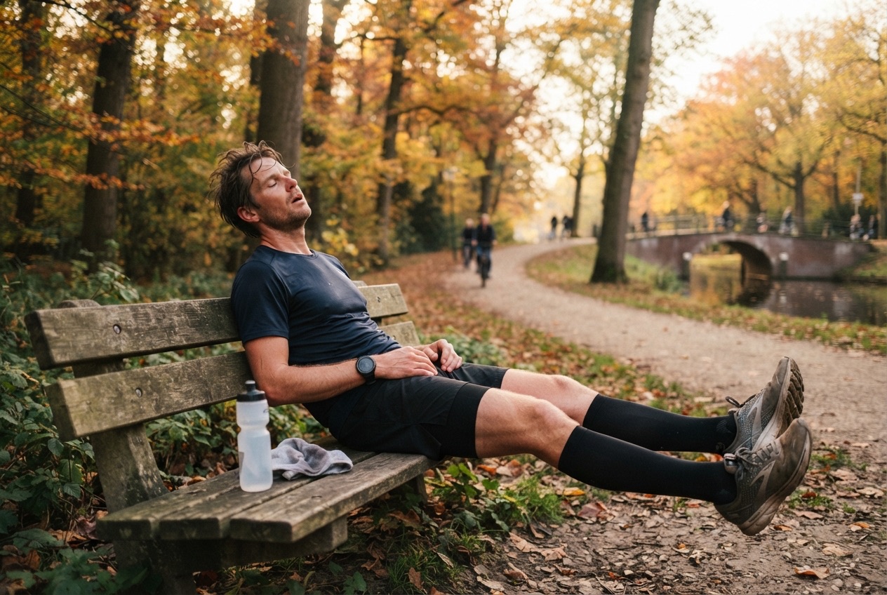 Loper rust na een lange duurloop met compressiesokken en benen omhoog
