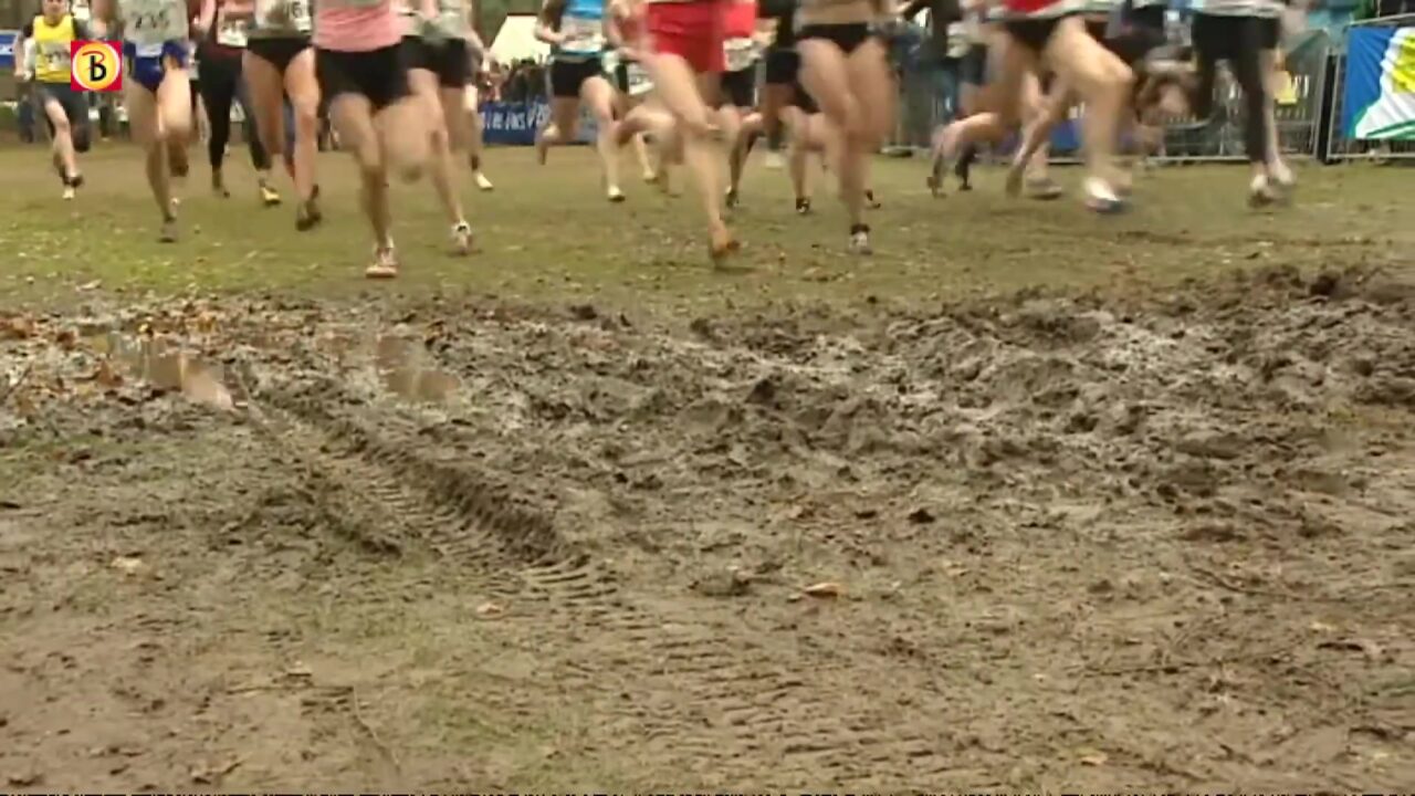 Crosslopers rennen door de modder tijdens de Warandeloop in Tilburg