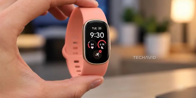 Een fitnesstracker met hartslag en stappen op het scherm, uit een video van TechAvid over de Fitbit Edge
