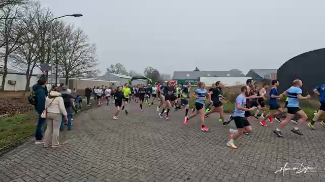 Lopers bij de start van de Halve van Haren op een klinkerweg in Haren
