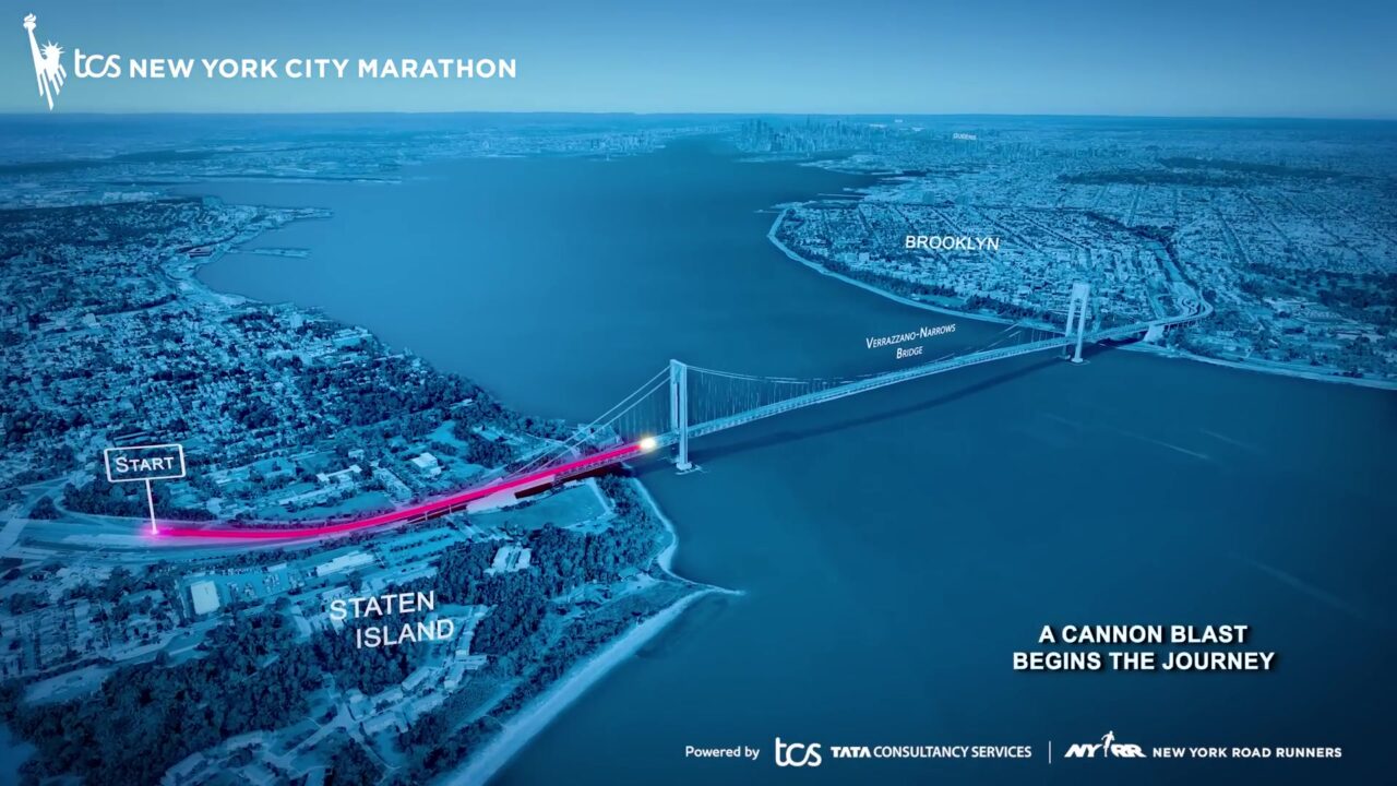 Animatie van het parcours van de marathon van New York met de start op Staten Island en de Verrazzano-Narrows Bridge