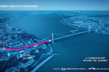 Animatie van het parcours van de marathon van New York met de start op Staten Island en de Verrazzano-Narrows Bridge