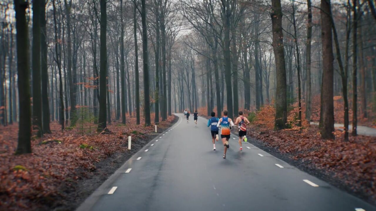 Lopers in de bossen bij Apeldoorn tijdens de Midwinter Marathon