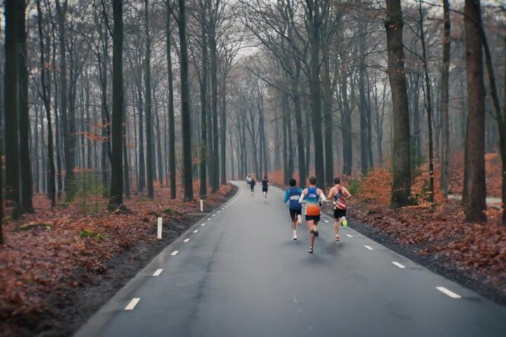 Lopers in de bossen bij Apeldoorn tijdens de Midwinter Marathon