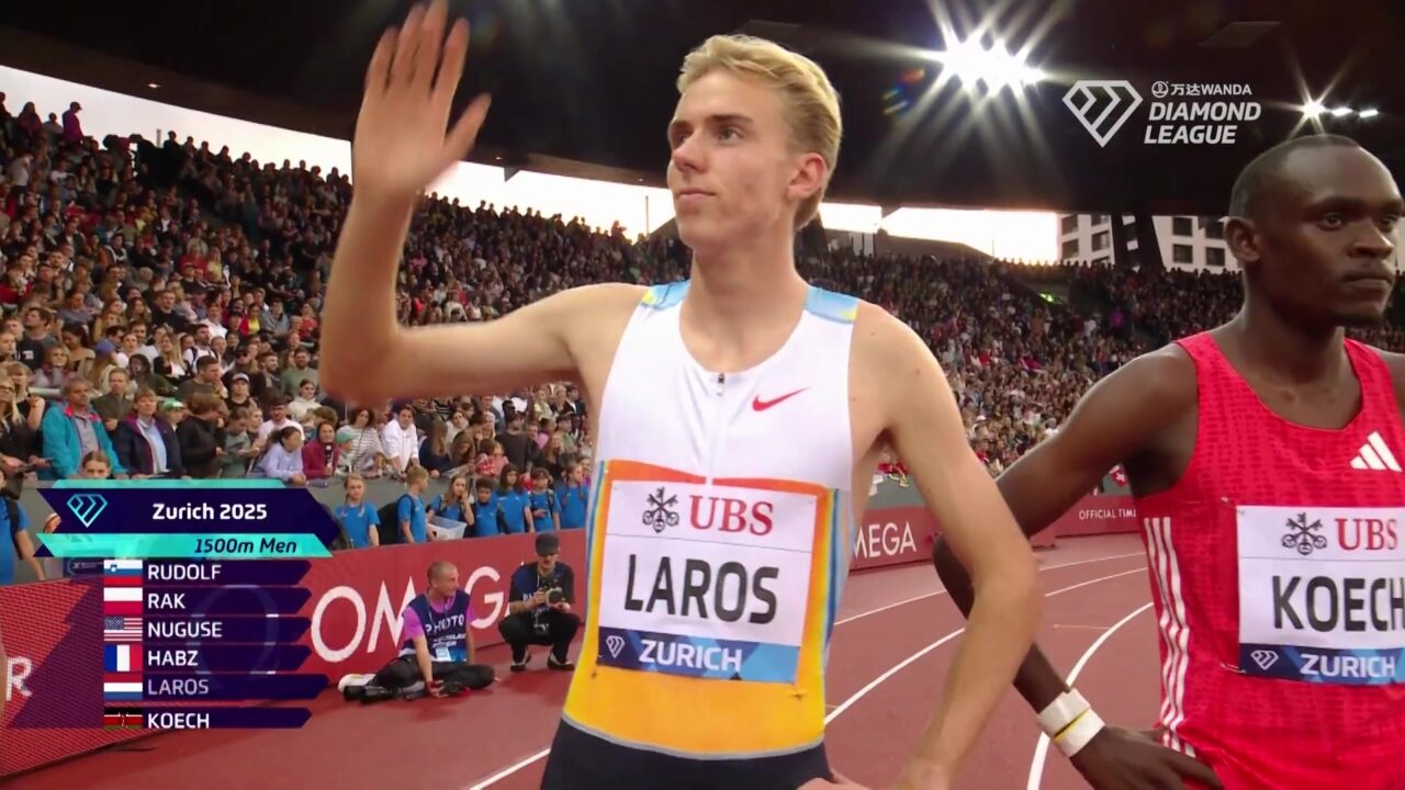 Niels Laros zwaait naar het publiek voor de 1500 meter in Zürich, still uit een video van de Wanda Diamond League
