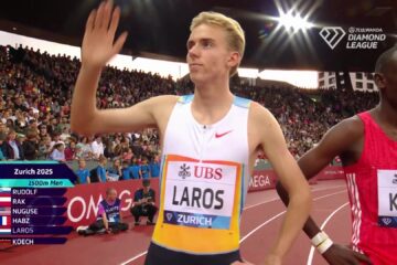 Niels Laros zwaait naar het publiek voor de 1500 meter in Zürich, still uit een video van de Wanda Diamond League