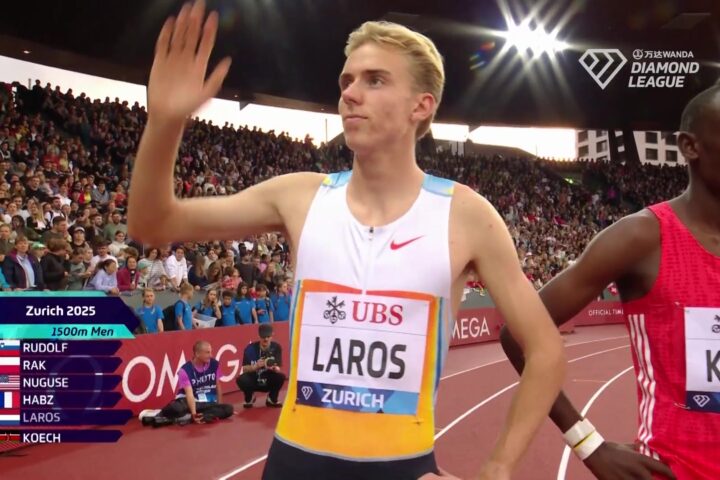 Niels Laros zwaait naar het publiek voor de 1500 meter in Zürich, still uit een video van de Wanda Diamond League