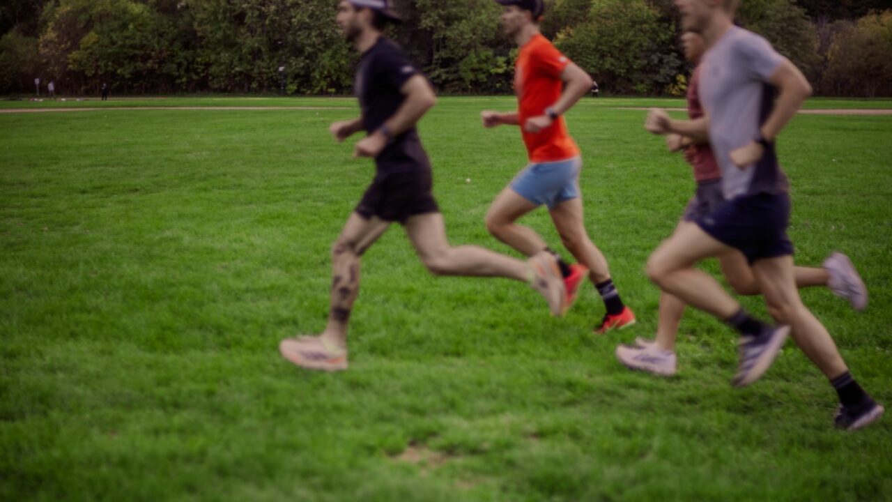 Lopers op een groen parcours door een park tijdens een marathon